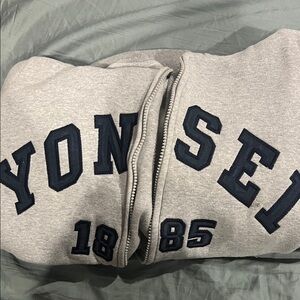 Gray Zip-Up Hoodie with Navy Lettering